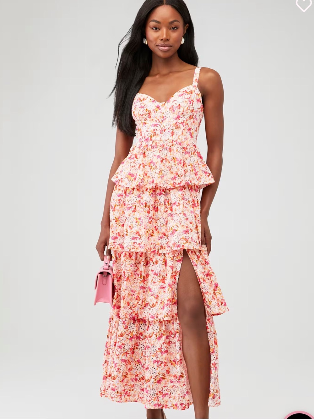 ASTR the Label Midsummer Dress Pink Multi Floral Tiered Ruffle Skirt Sz M NWT